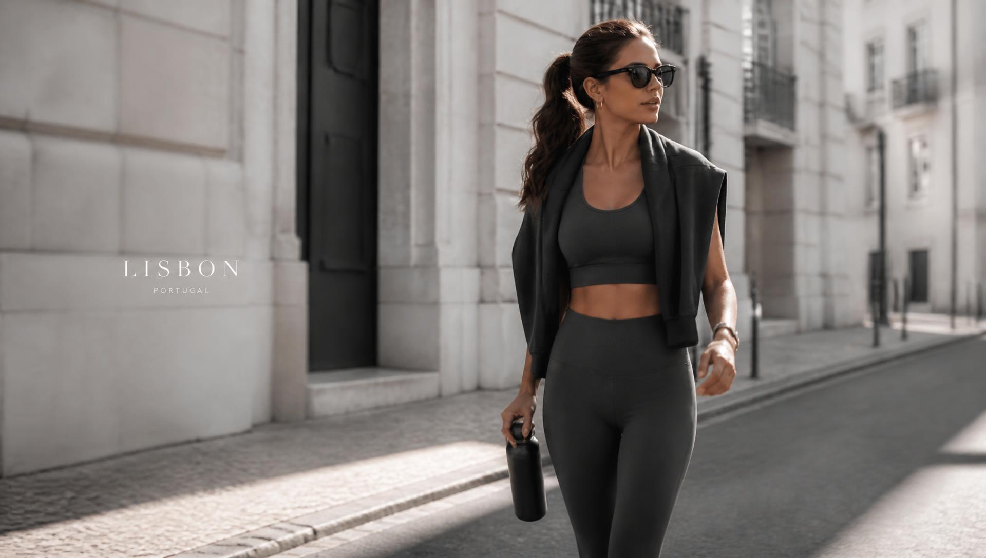 Woman in Lisboa Fit activewear walking through a sunlit Lisbon street